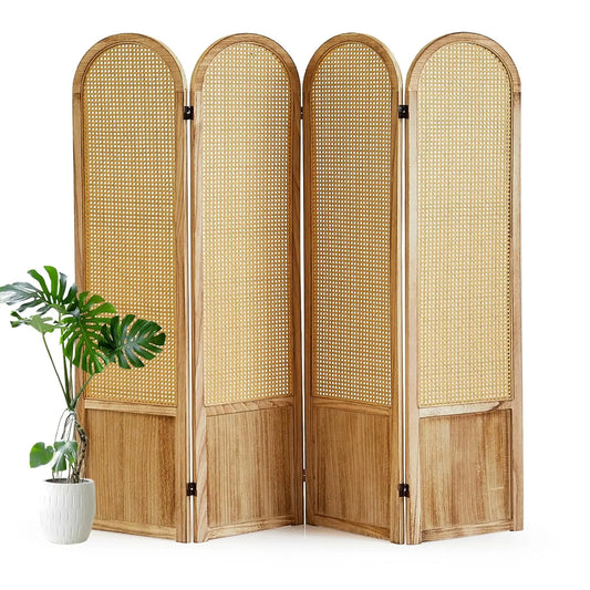 4 Panel Room Divider and Folding Privacy Screen, 5.6 Ft Foldable Double Hinged Rattan Partition, Hand-Woven Rattan, Customized