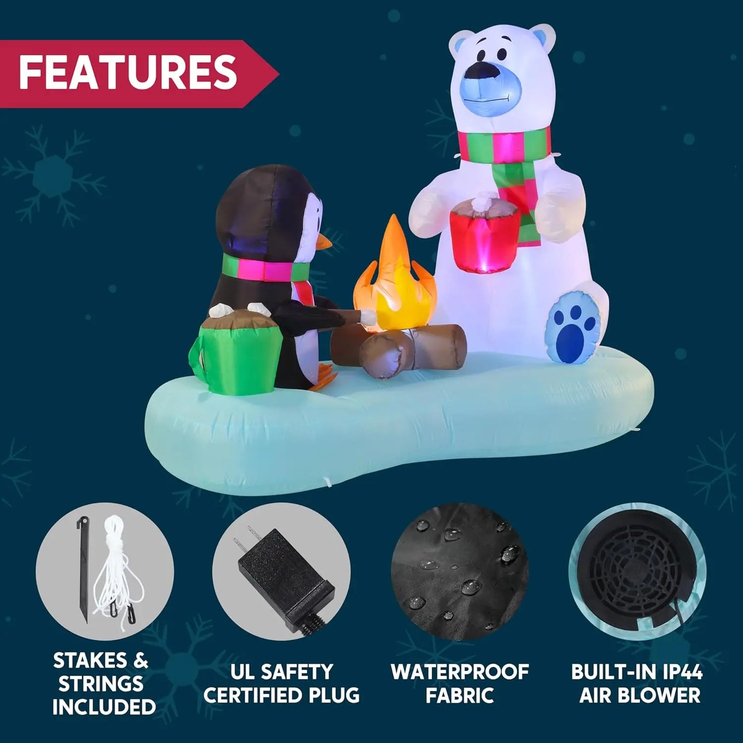 JOYFY 6 FT Long Christmas Inflatable Polar Bear and Penguin with Campfire Decoration for Xmas Party Christmas Decoration