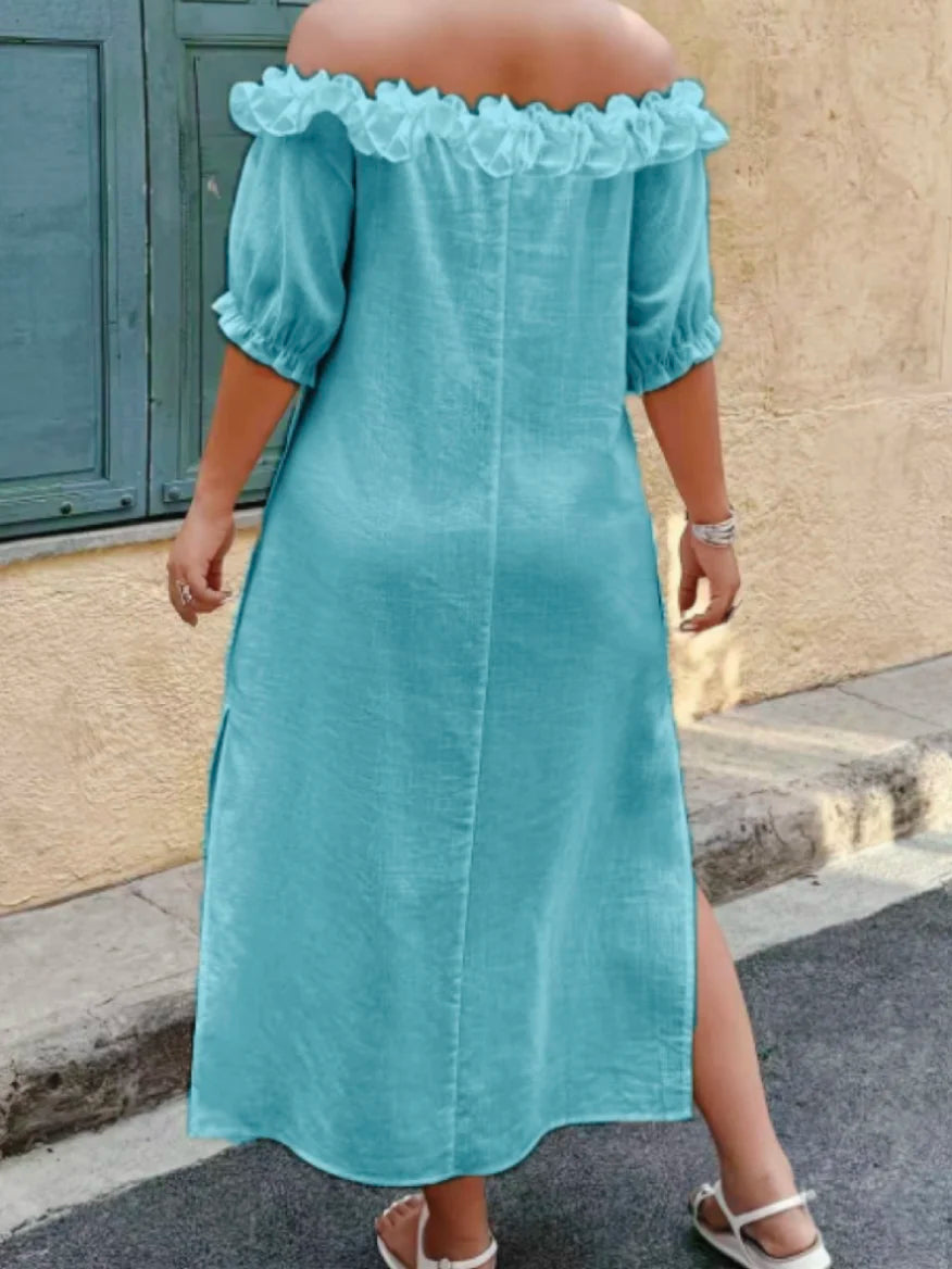 Plus Size Women's Slouchy Slimming Beach Vacation Dress, Off-Shoulder Puff Sleeve Loose Hem Slit Dress