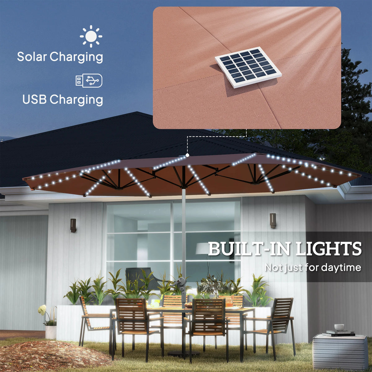 15ft Patio Umbrella with Solar Lights Upf50+ Outdoor Umbrella Tan