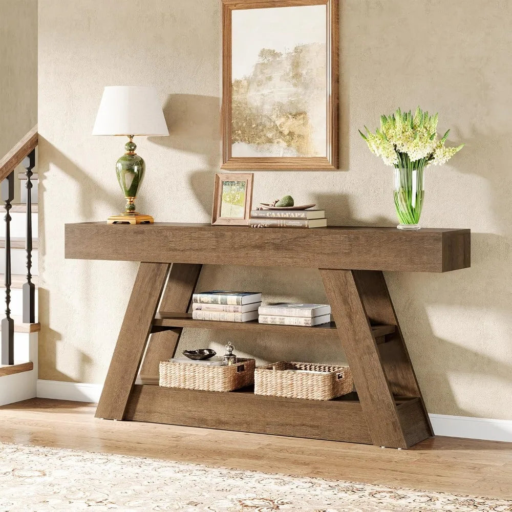 63-Inch Rustic Wooden Console Table with Storage for Entryway and Living Room Sofa Area
