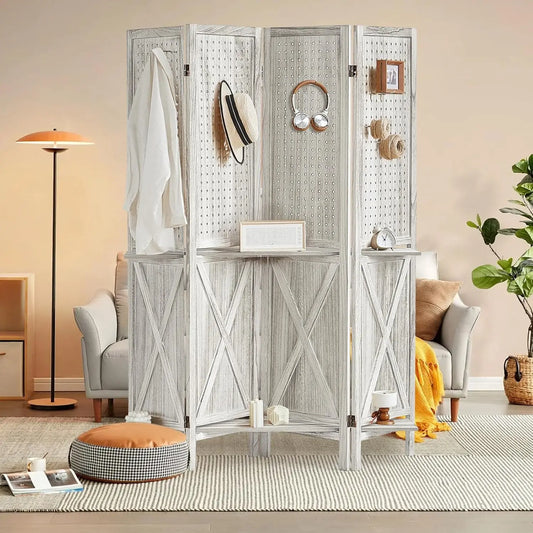 Room Divider with Shelves Folding Wood Carved Screen with Double Hinges for Home Office Bedroom Hotel Decoration 4 Panels