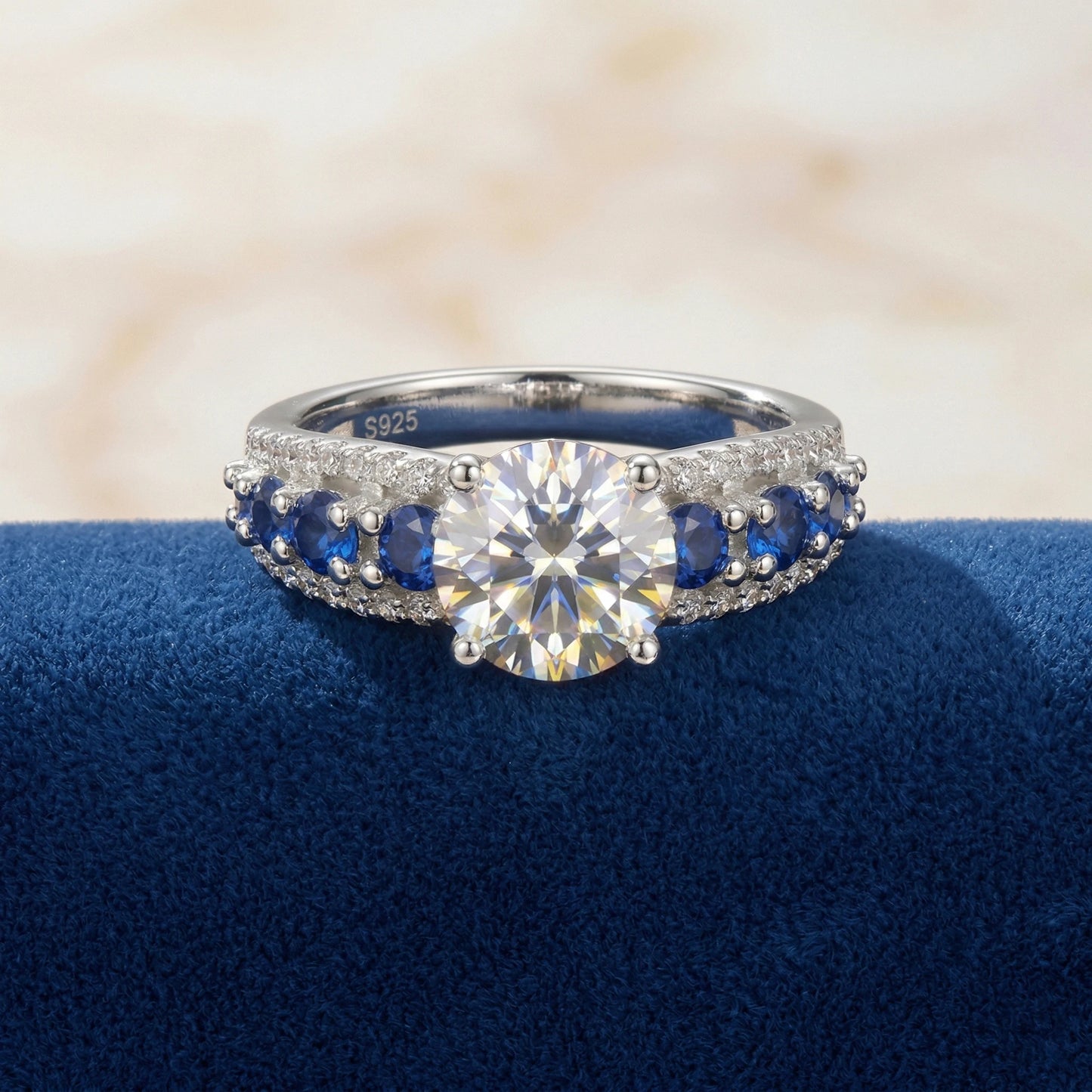 Moissanite Ring, 925 Silver, D Color VVS1, 3ct Sapphire Side Stones, Engagement Jewelry, Women's, Pass Diamond Tester