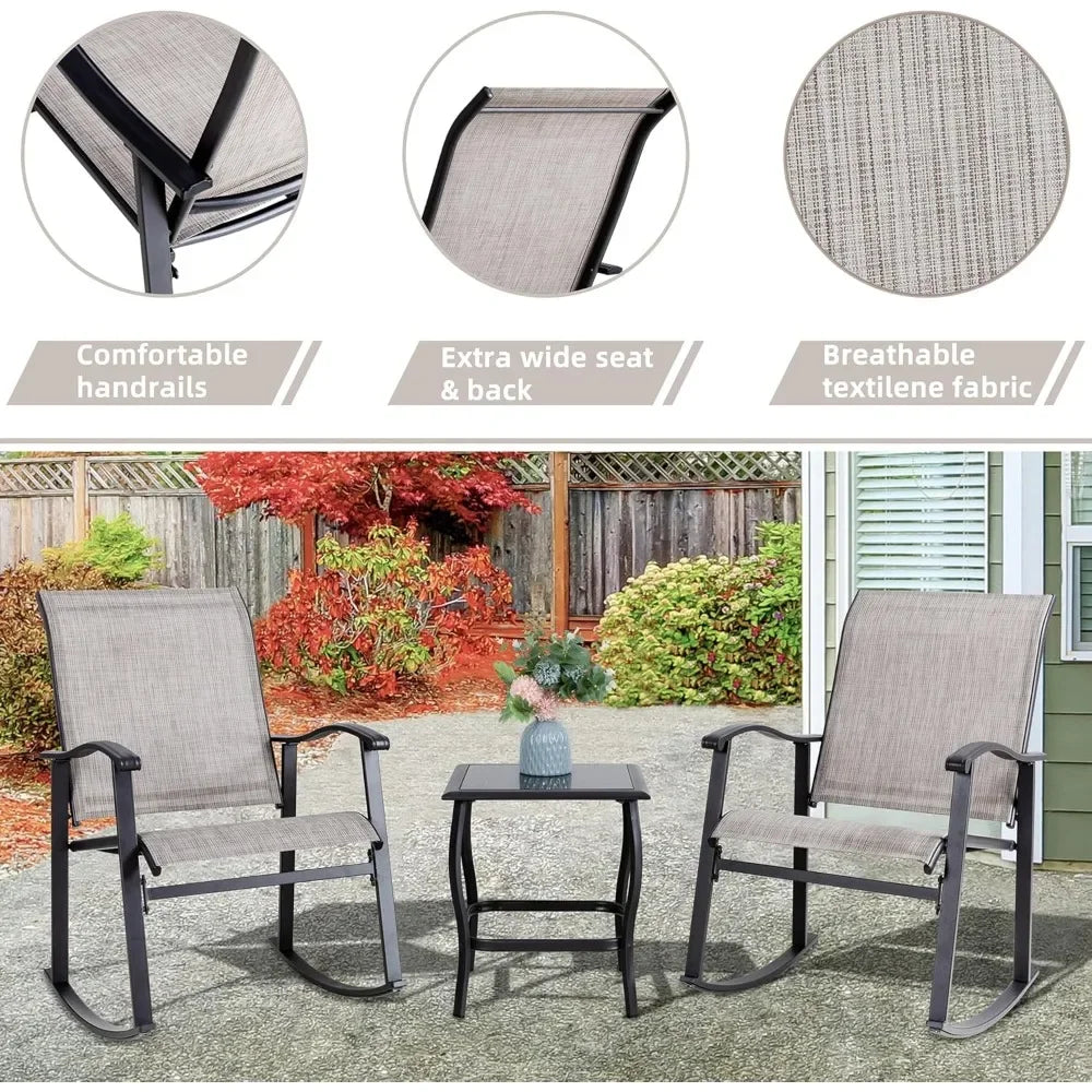 3 Piece Outdoor Rocking Bistro Set, Textilene Fabric Small Patio Furniture Set, Front Porch Rocker Chairs Conversation Set with