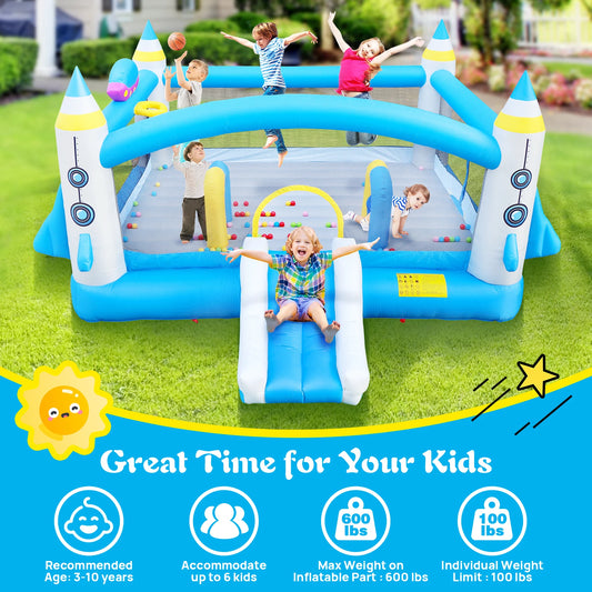 Kids Inflatable Bounce House With Long Slide Bouncing Area Basketball Hoop Heavy Duty Oxford Fabric Family Backyard Bouncy Castl