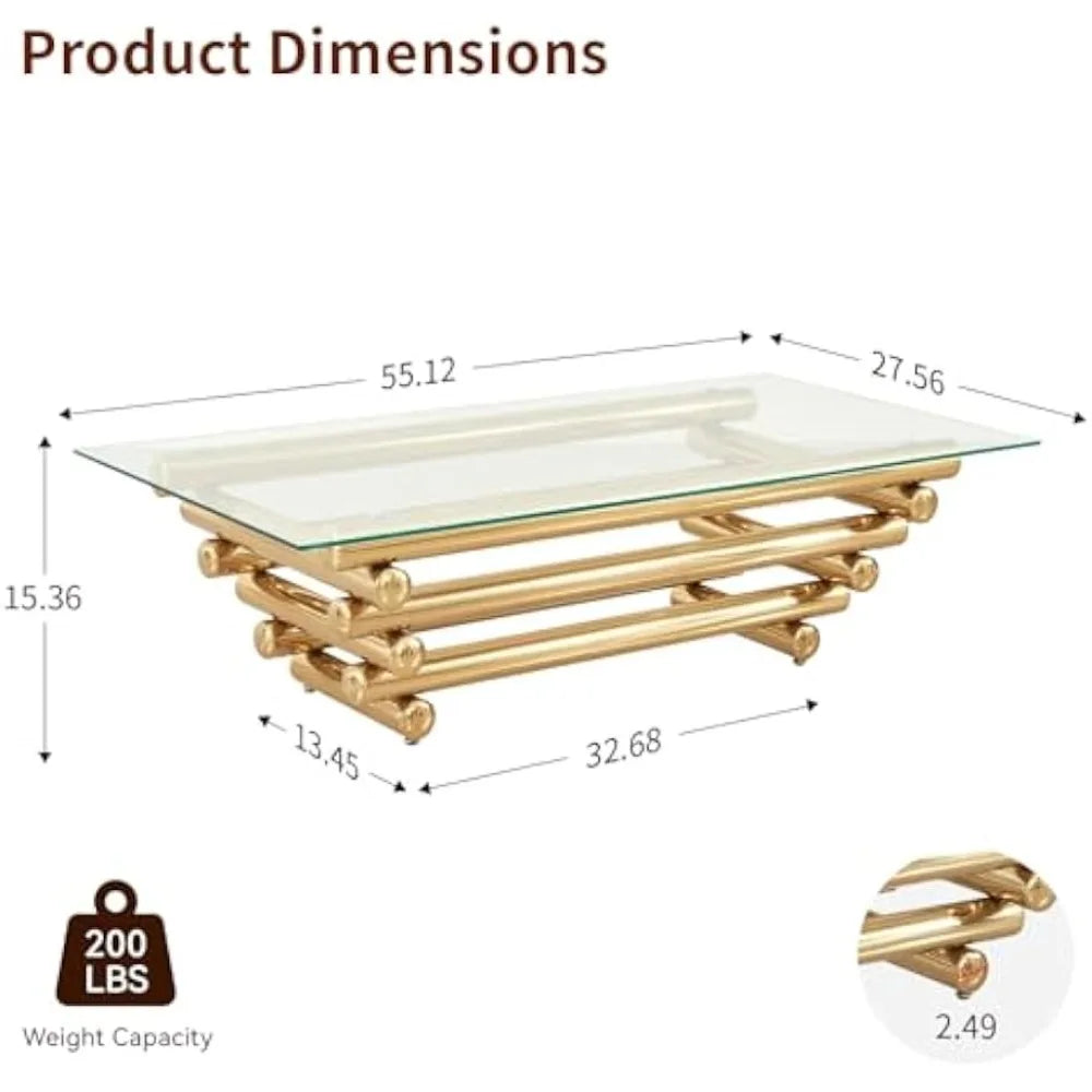55" Glass Coffee Table, Modern Gold Coffee Tables for Living Room, Rectangular Tempered Glass Top with Stainless Steel Legs, Tea