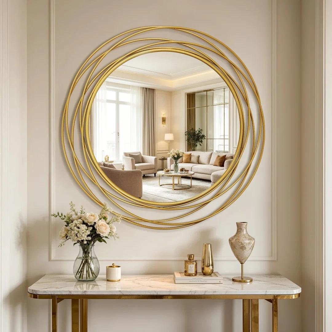 32 Inch Round Black Iron Wire Frame Decorative Wall Mirror for Living Room
