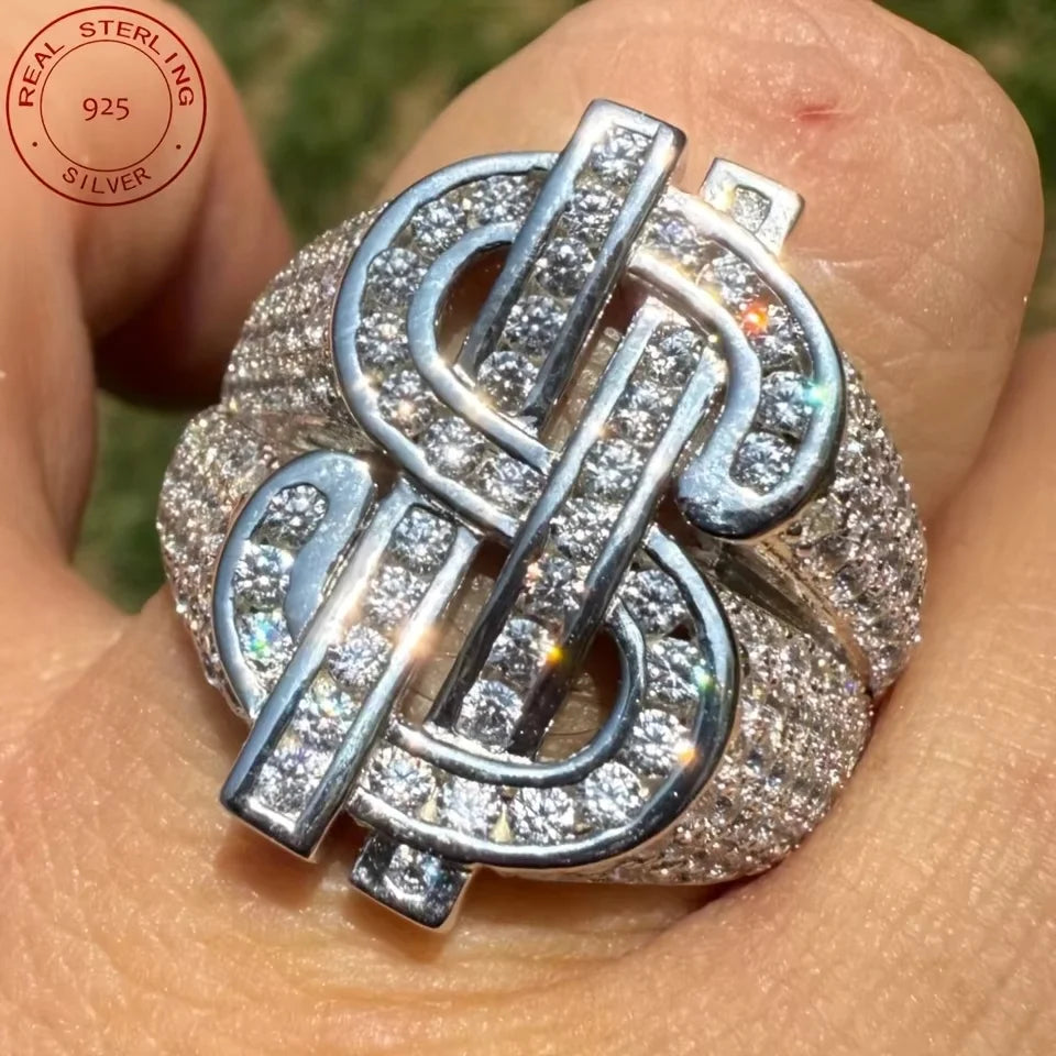 Men‘s 925 Sterling Silver Iced Out Money Dollar Sign Ring Hip Hop Style 14K White Gold Plated Jewelry