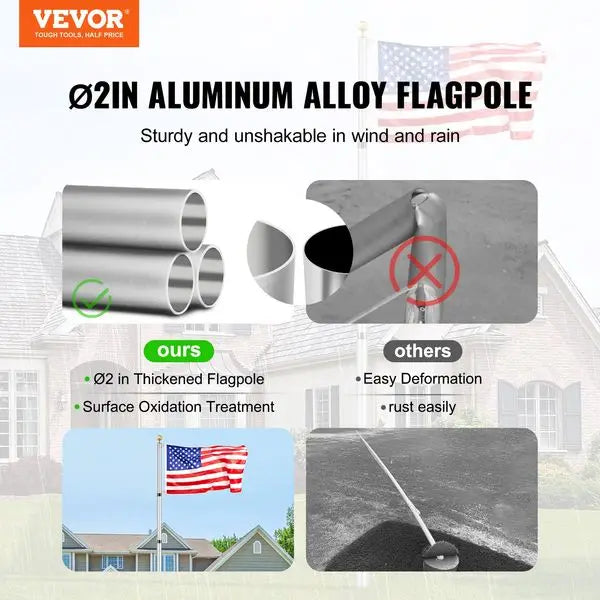 VEVOR 20FT Telescoping Flag pole Kit, Heavy Duty Aluminum Alloy in Ground Flag Poles for Outside, 3 Display Modes Flagpole with