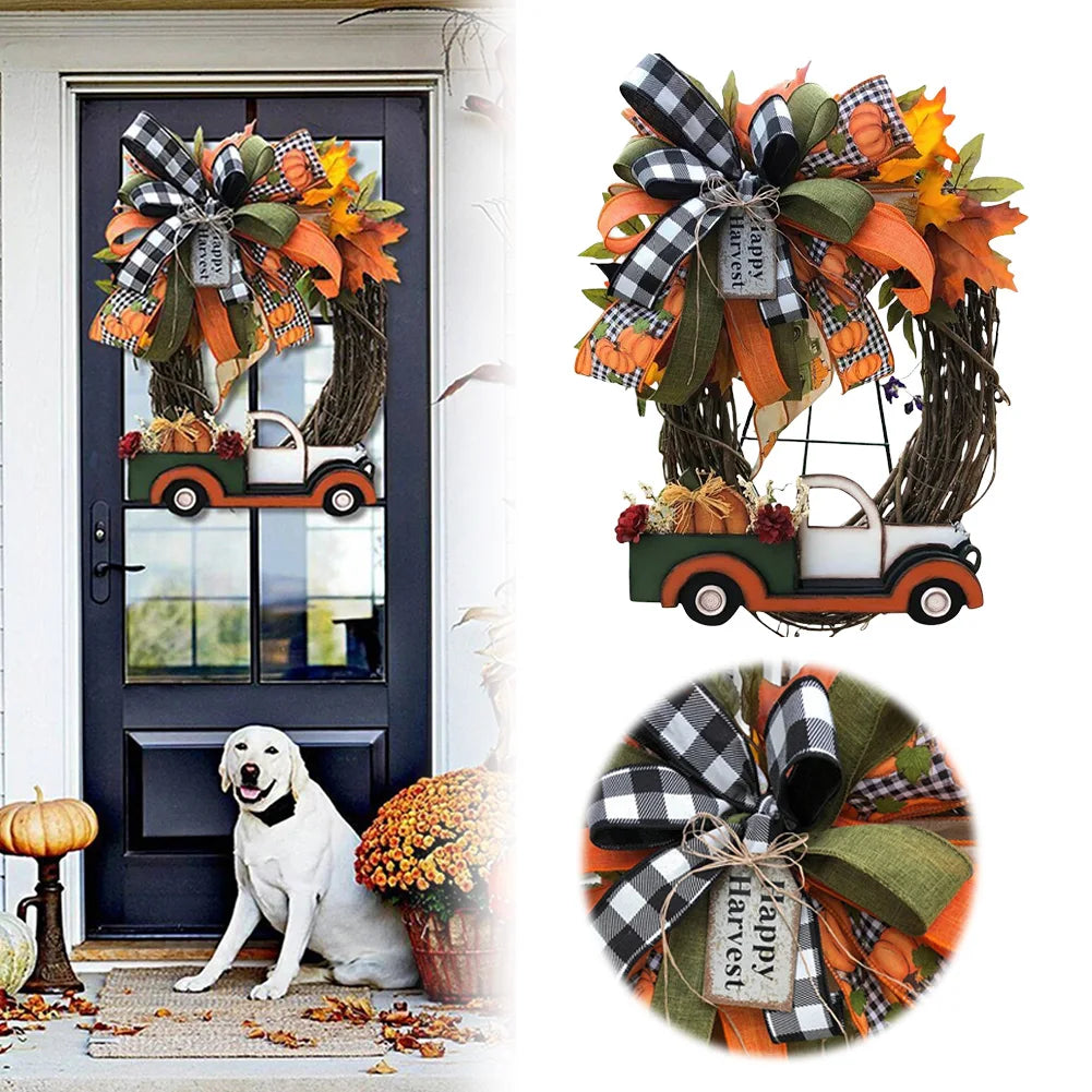 Fall Wreath Farmhouse Pumpkin Cart Wreath Halloween Pumpkin Truck Wreath Door Wreath for Halloween Thanksgiving Decor