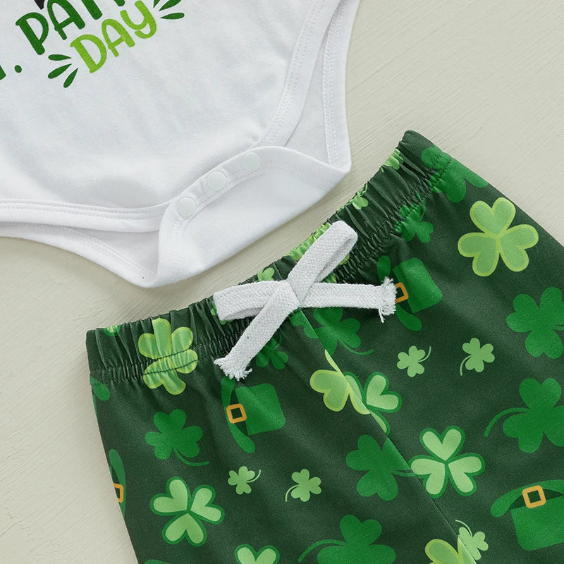 St Patrick's Day Baby Boys Shamrock Print Long Sleeve Rompers Long Pants Hat 3Pcs Outfit Set