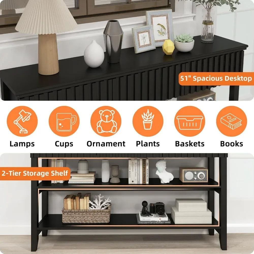 Painted Wood Console Table Narrow Long Sofa Table Modern Behind Couch Fluted Entryway Table with 3 Drawer