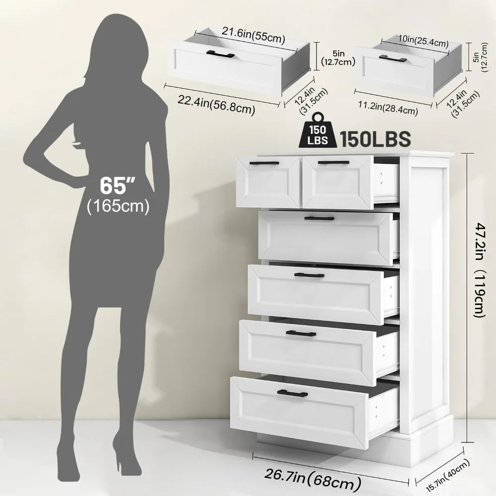Odeekea White Dresser with 6 Drawers, Vertical Tall Dresser for Bedroom, Wood Dresser for Hallway, Living Room, Chest of Drawers