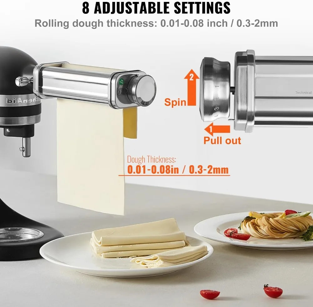 Pasta Attachment for KitchenAid Stand Mixer, Stainless Steel Pasta Maker with 3 Cutters, 8 Thickness Settings