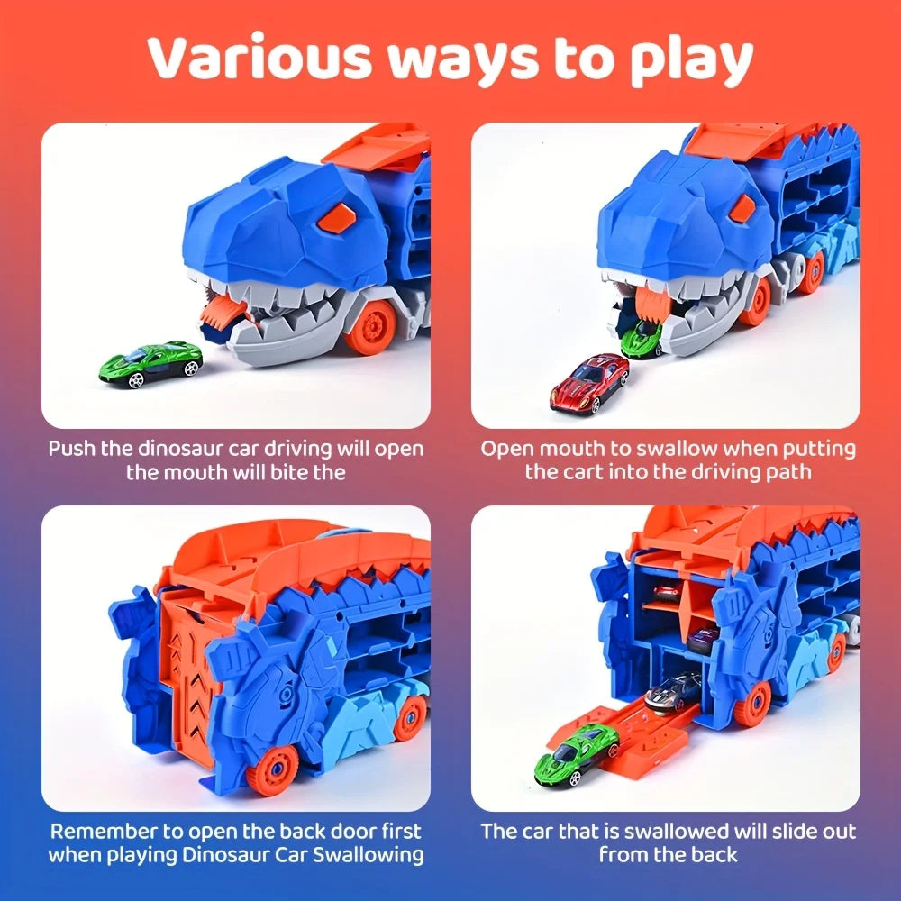 Toddler Truck Toy with Folding Dinosaur Track & 8 Race Cars, Portable Vehicle Play Set, Ideal Gift for Kids Age 3+