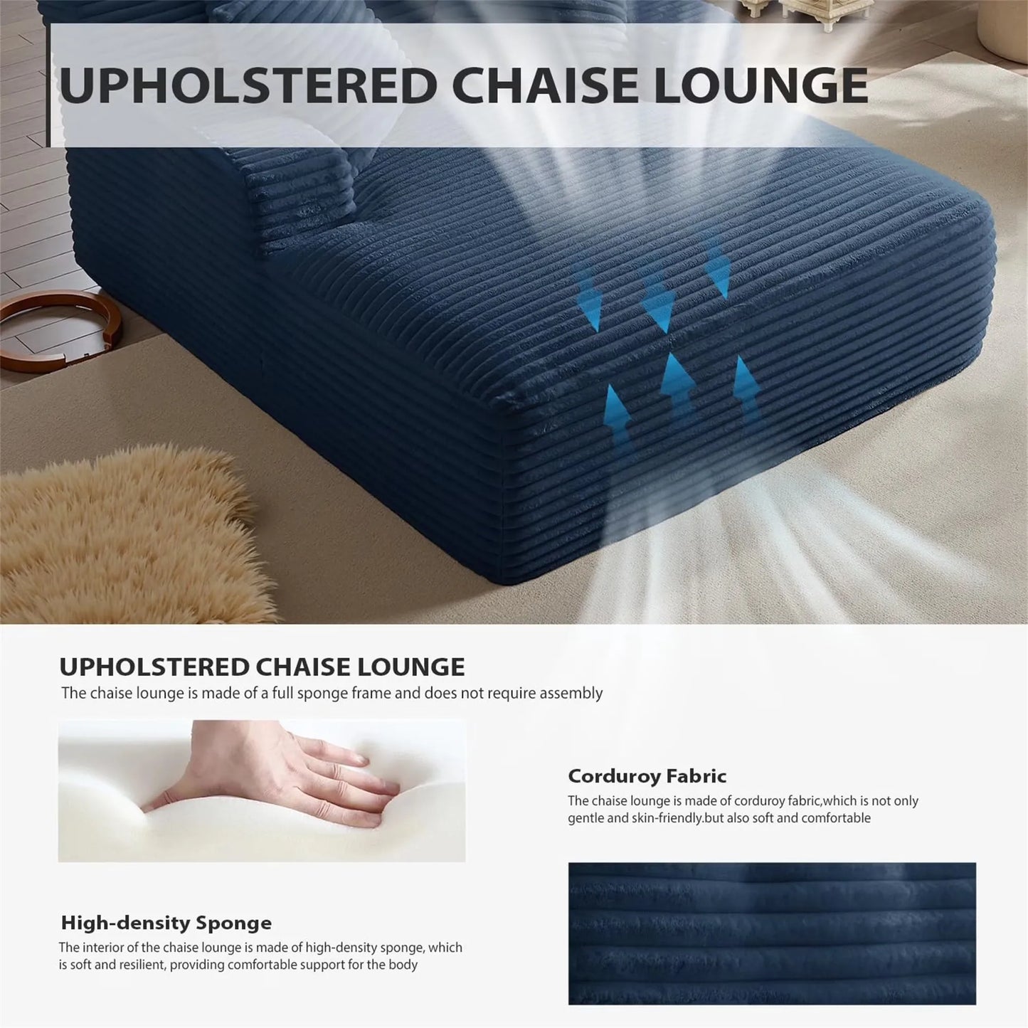 66" Oversized Chaise Lounge Chair Corduroy Oversized Boneless Couch Sofa Bed Reading Chair Sleeper Chaise with 3 Pillows, Blue