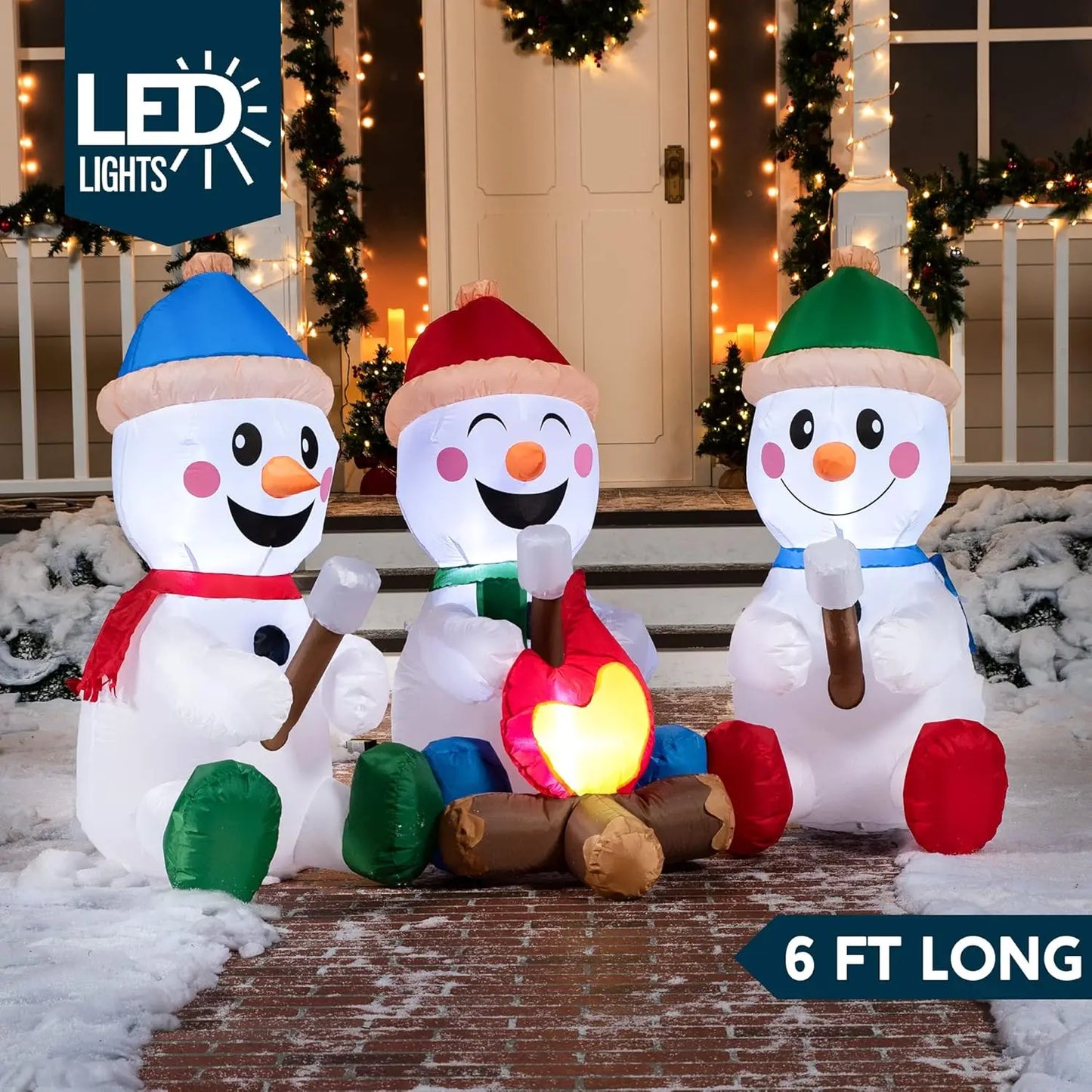 JOYFY 6 FT Long Christmas Inflatable Snowman with Campfire with Built-in LEDs for Xmas Party  Christmas Blow Up Yard Decoration