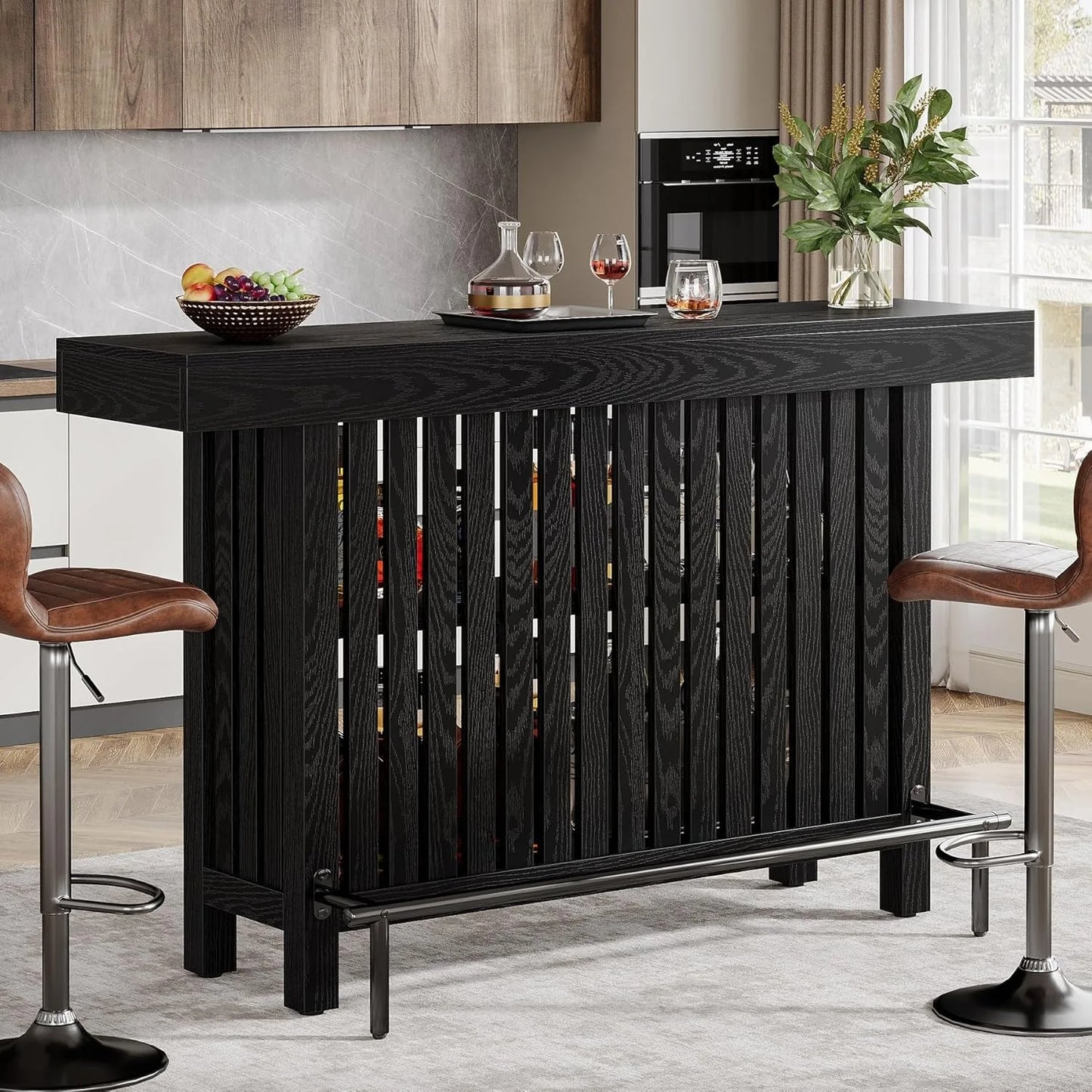LITTLE TREE 63-Inch Large Home Bar Unit,2-Tier Kitchen Island Mini Bar Height Pub Table with Footrest, Modern Coffee Bar Cabinet
