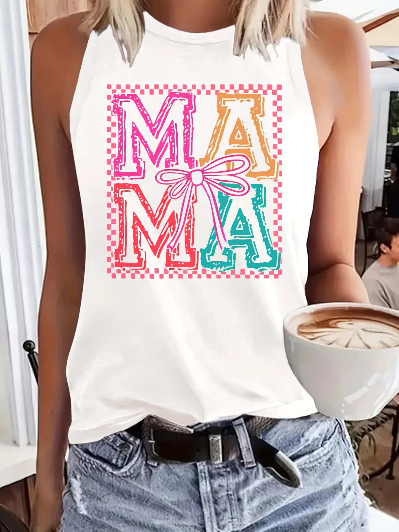 Women's plus size tank top Mama Pattern With Bow And Checkered Border Mother's Day gift womens clothes summer beach vacation top
