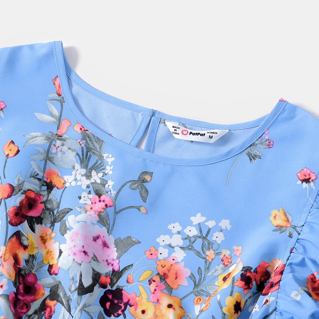 PatPat Family Matching Floral Print Ruffle-sleeve Belted Midi Dresses and Striped Short-sleeve T-shirts Sets
