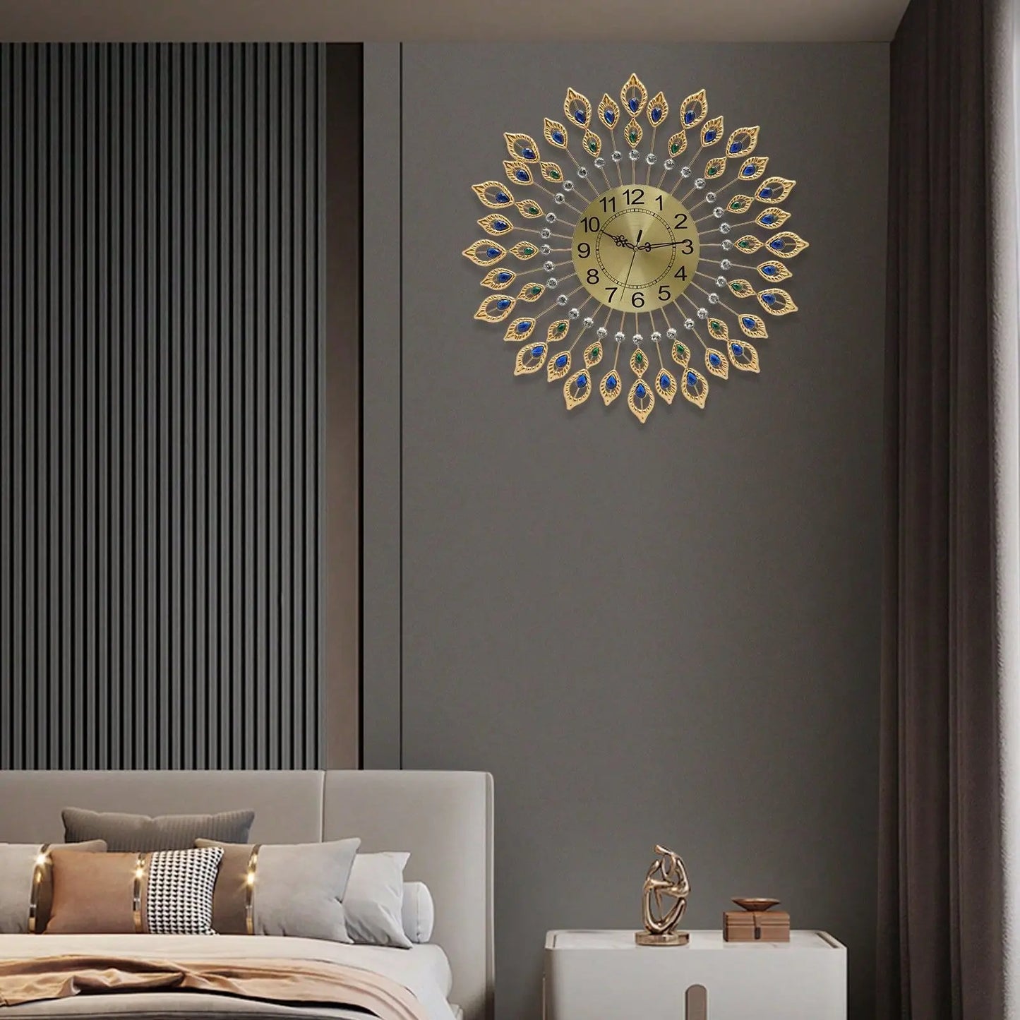 Wall Clock For Living Room Decor,Crystal Peacock Wall Clocks Modern Design 3D Clocks For Decor Large Round Metal Silen