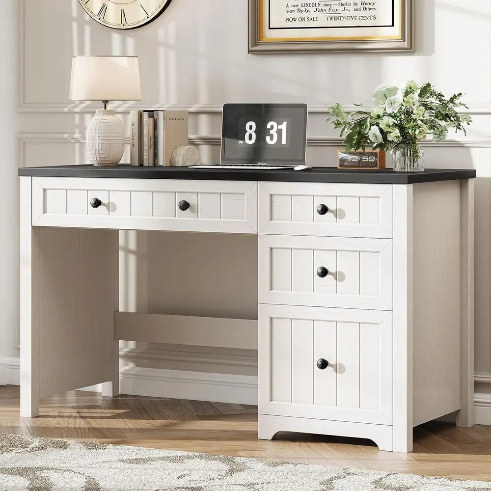 Modern Executive Desk with 4 Drawers, Home Office Desk with 1 Drawer, Wooden Computer Desk with Storage, Rustic Office Desk for