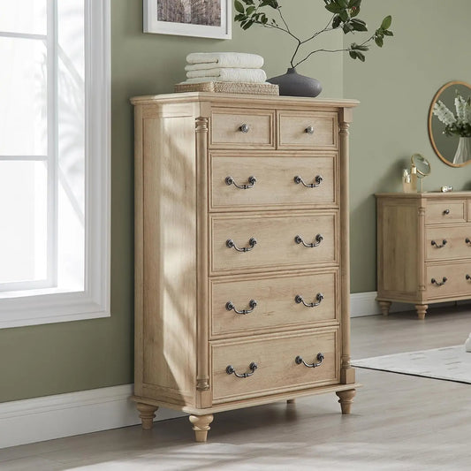 Farmhouse 6 Drawers Dresser Chests for Bedroom w/4 Solid Wood Feet &Column Decor, Tall Wood Rustic Chest of Drawers, Storage