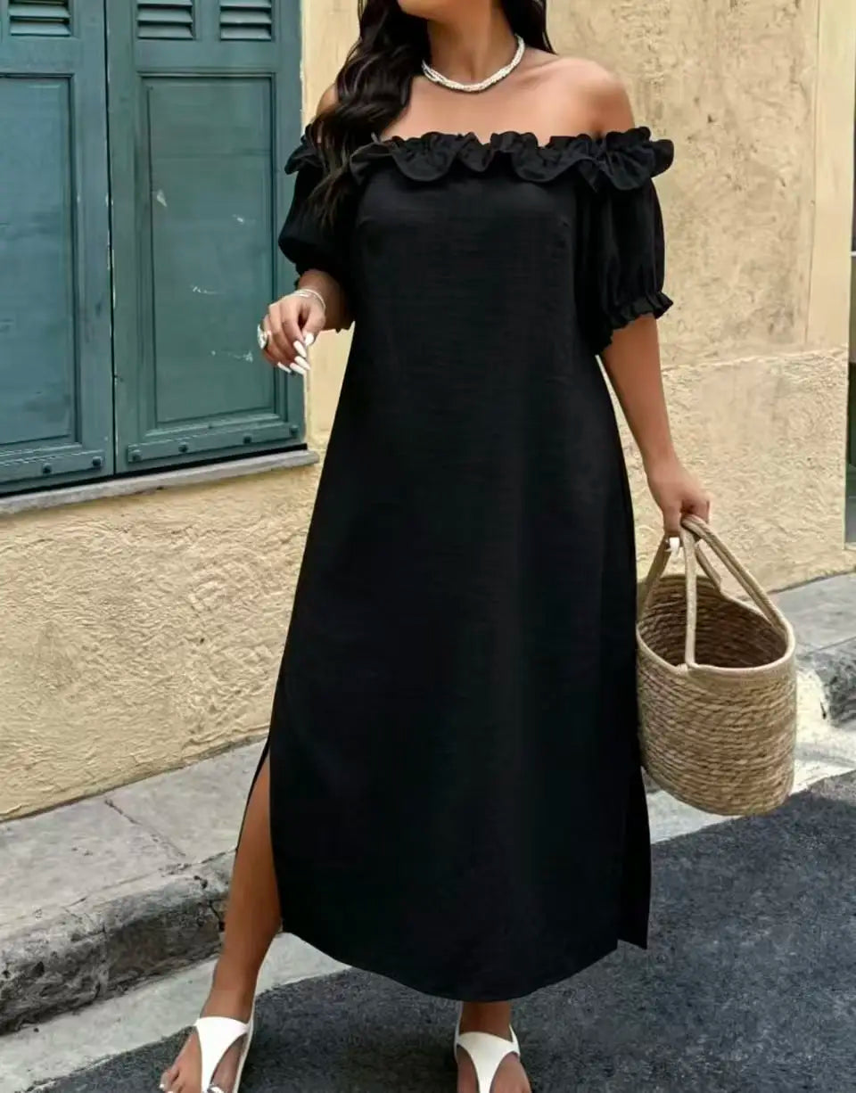 Plus Size Women's Slouchy Slimming Beach Vacation Dress, Off-Shoulder Puff Sleeve Loose Hem Slit Dress