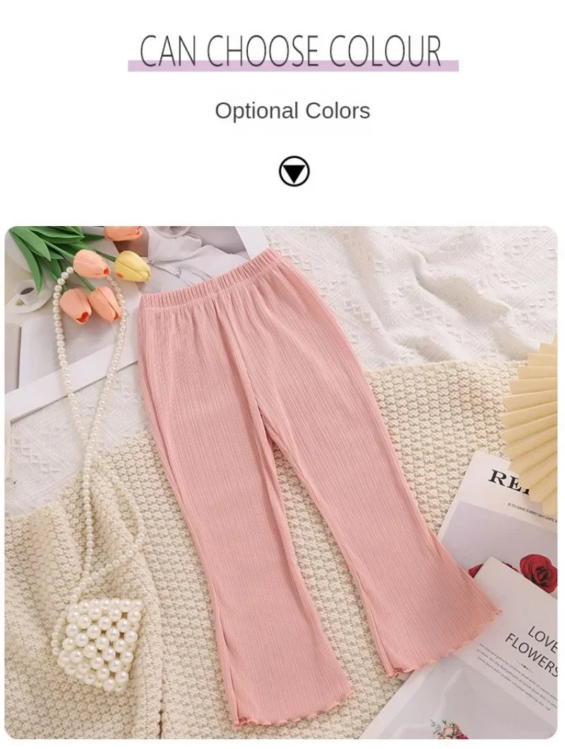 Children Summer Solid Color Thin Ribbed Knit Flared Pants Girls Casual Trousers Korea Fashion Pants Girl Princess Style Capris