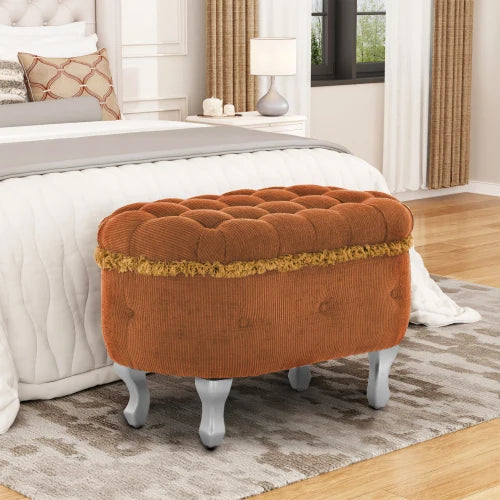 29.5 Inch Storage Bench, Button Tufted Upholstered Storage Ottoman With Fringe