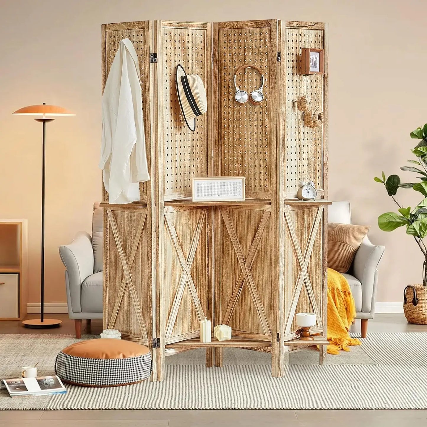 Room Divider with Shelves Folding Wood Carved Screen with Double Hinges for Home Office Bedroom Hotel Decoration 4 Panels