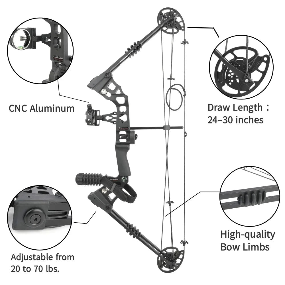 Adjustable Compound Bow Arrow Set with Spine 500 Carbon Arrows 20-70lbs 320FPS High-Strength Alloy Handle RH/LH for Adults Beginners Hunting Shooting Target Practice Outdoor Accessories