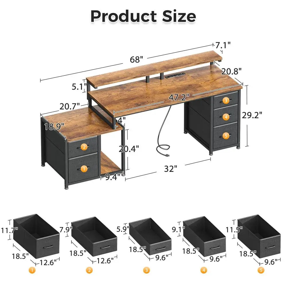 68 Computer Desk with Printer Shelf amp 5 Fabric Drawers, Rustic Brown Office Desk with Power Outlet amp CPU Storage for Home O