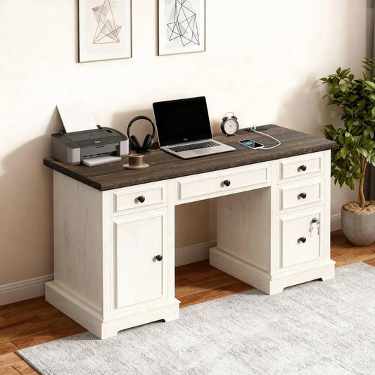 59 Modern Executive Desk with Drawers, Lockable File Cabinet, Storage, and Power Outlet for Home Office (White)
