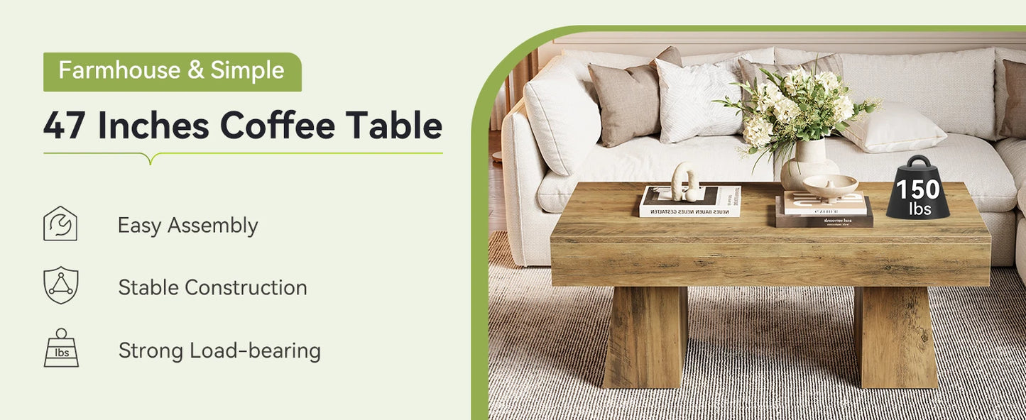 Tribesigns Vintage Coffee Table, 120cm Wooden Accent Center Tables with Thick Base, Modern Low Cocktail Tea Furniture for