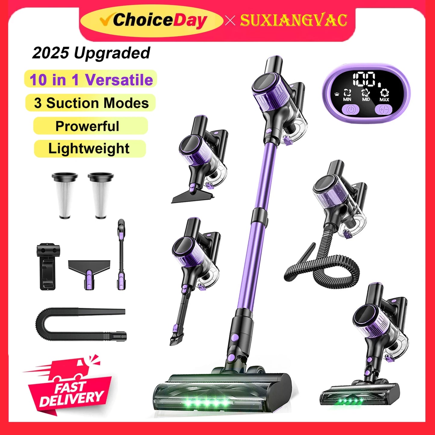 Cordless Vacuum Cleaner, 40Kpa/500W/45min 10 in 1 Powerful Stick Lightweight Vacuum Cleaner for Home Pet Hair/Hard Floor/Carpet