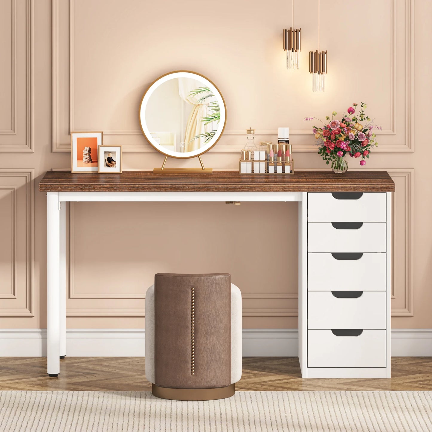 Tribesigns Computer Desk with 5 Drawers, 47 inches Rustic Brown Home Office Desk with Storage, Modern Simple Laptop Desk Study W