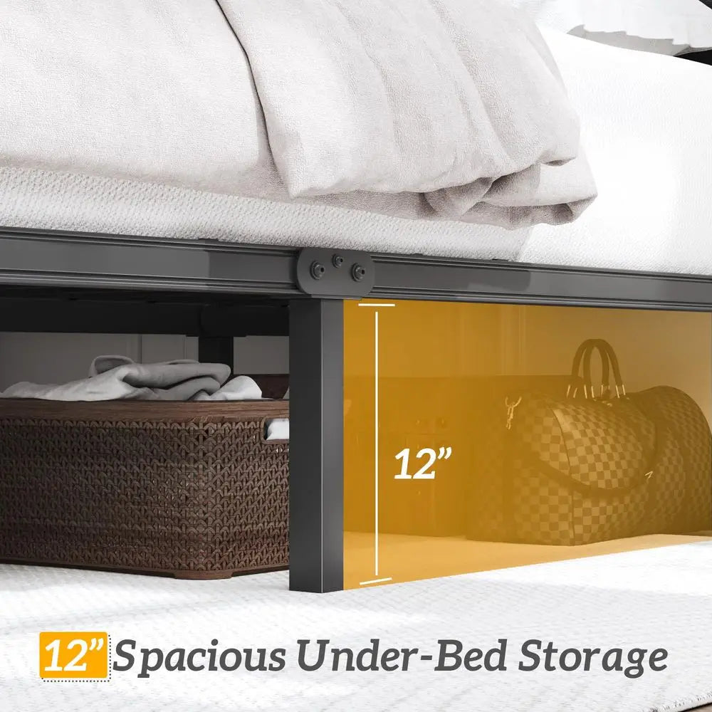 Queen Upholstered Bed Frame with Tufted Headboard Metal Slats No Box Spring