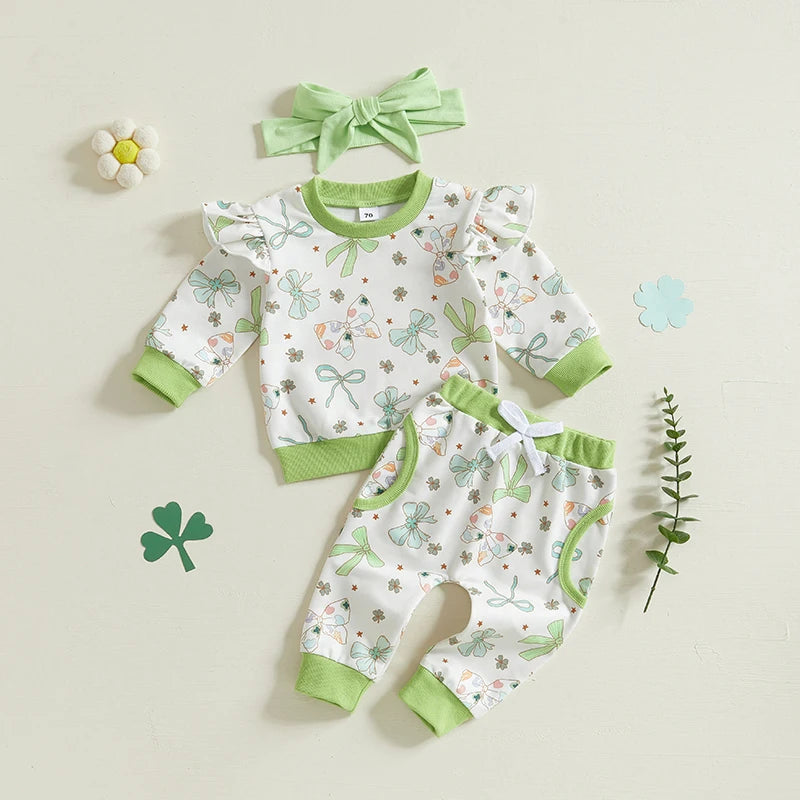 St Patrick's Day Baby Girl Outfits Green Shamrock Print Ruffle Sleeve Top Pants Headband 3Pcs Set