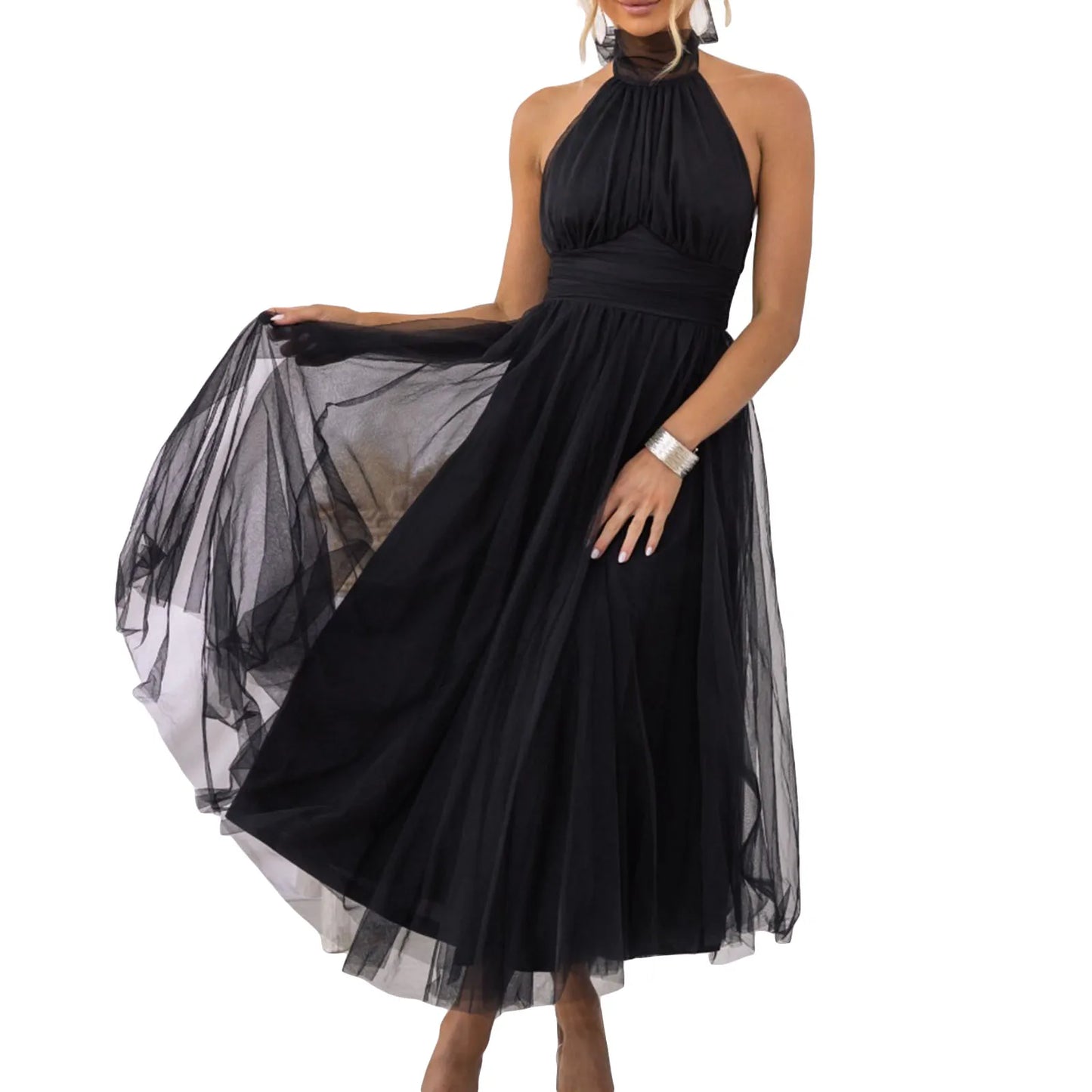 Women’s Backless Long Dress Adjustable Tie Halter Neck Tulle High Waist Solid Party Wedding Dress