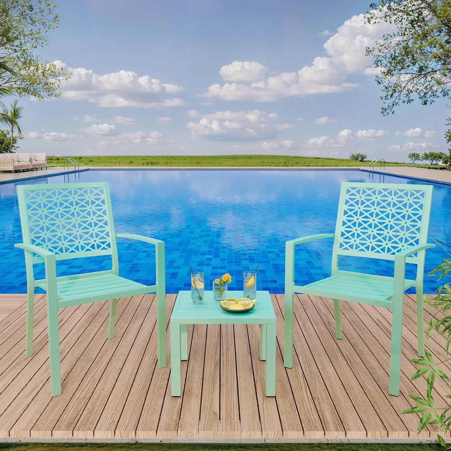 3-Piece Outdoor Bistro Set,Stackable Modern Metal Patio Furniture Set, 2 Chairs&Coffee Table,for Backyard Balcony Garden Lawn