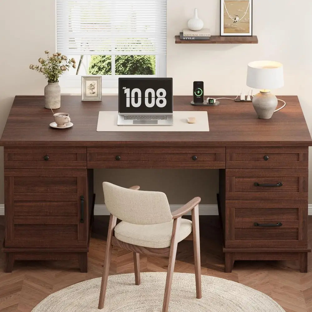 60-inch Wooden Home Office Desk with Charging Station and Storage in Walnut Brown