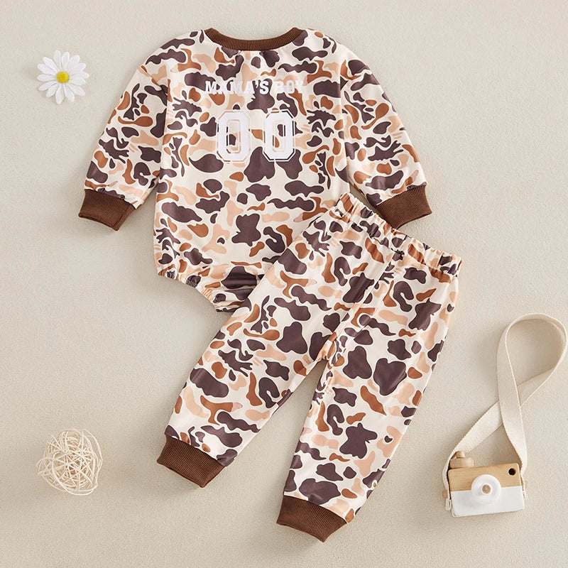 Infant Boys Fall Outfits Camouflage Letter Pattern Long Sleeve Crew Neck Rompers with Elastic Waist Pants 2 Pcs Set