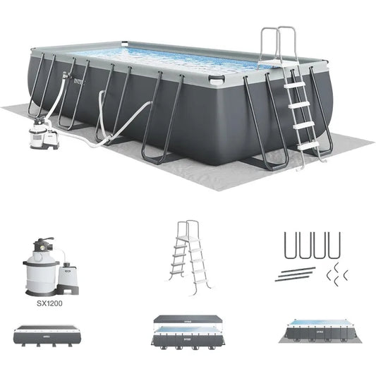 18' X 9' X 52" Ultra XTR Rectangular Frame Swimming Pool Set With Pump - Above Ground Backyard Large Rectangle Pool With 4