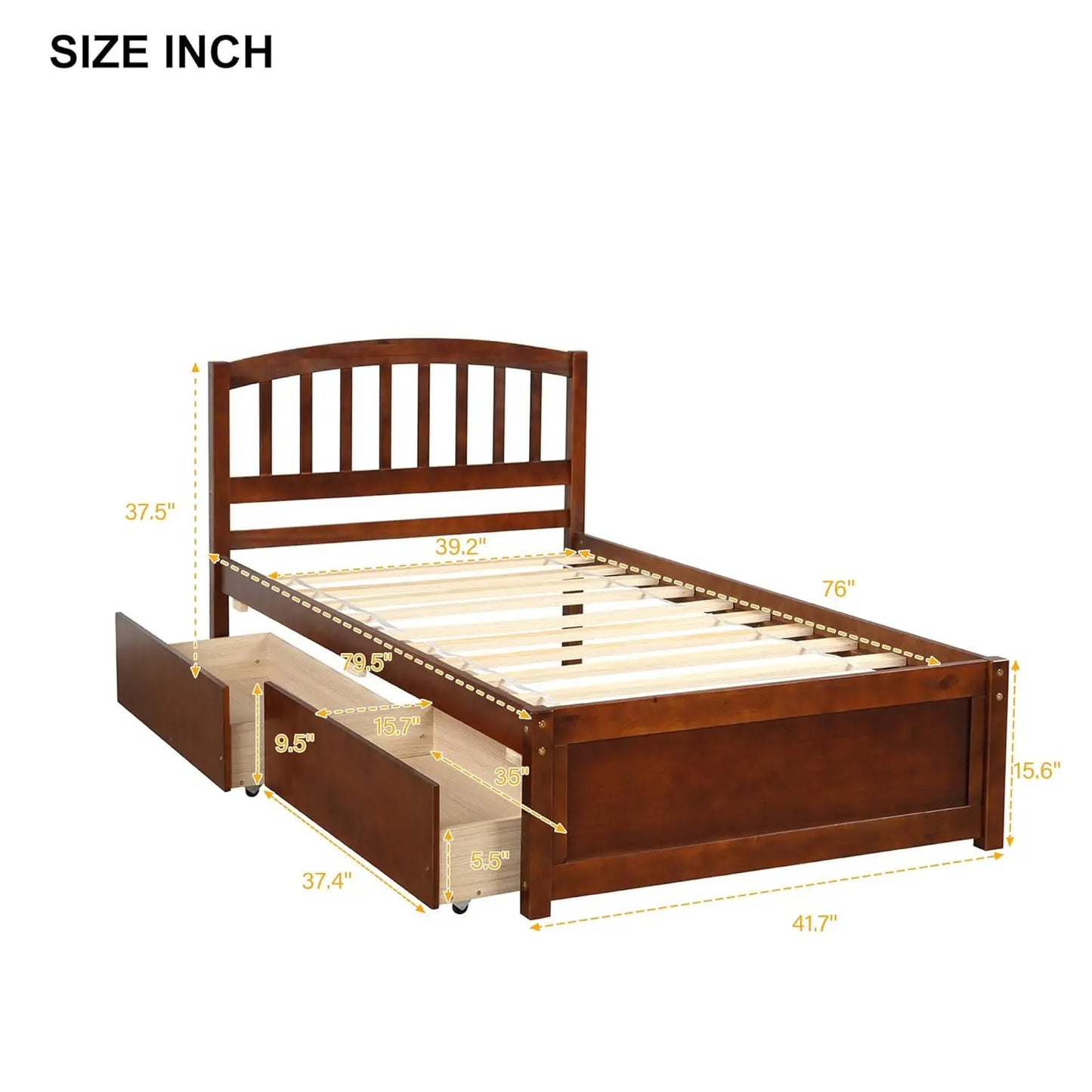 Twin Wood Platform Bed Frame with Storage Drawers Headboard Walnut, Customized