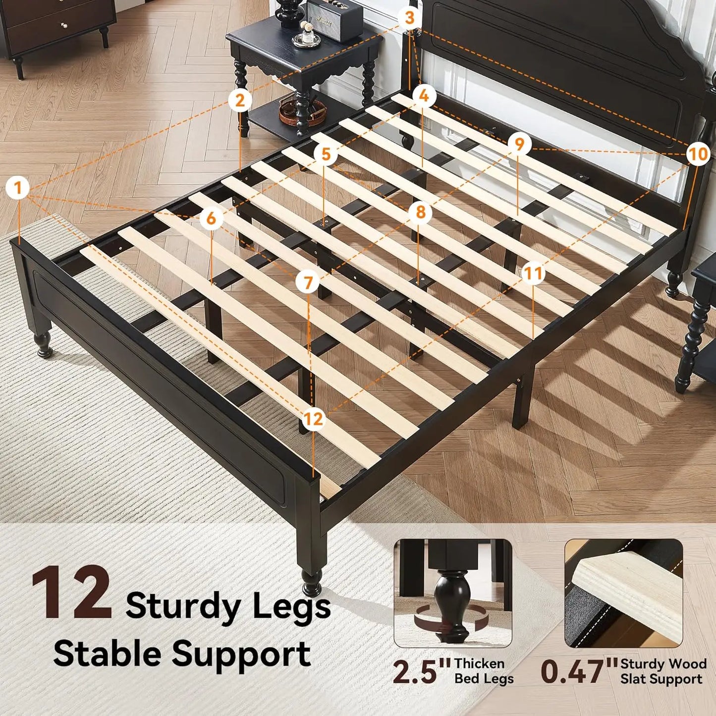 Solid Wood Bed Frame Queen Size, Wooden Retro Style Queen Bed Frame with Headboard and Footboard, Heavy Duty Bed Frame