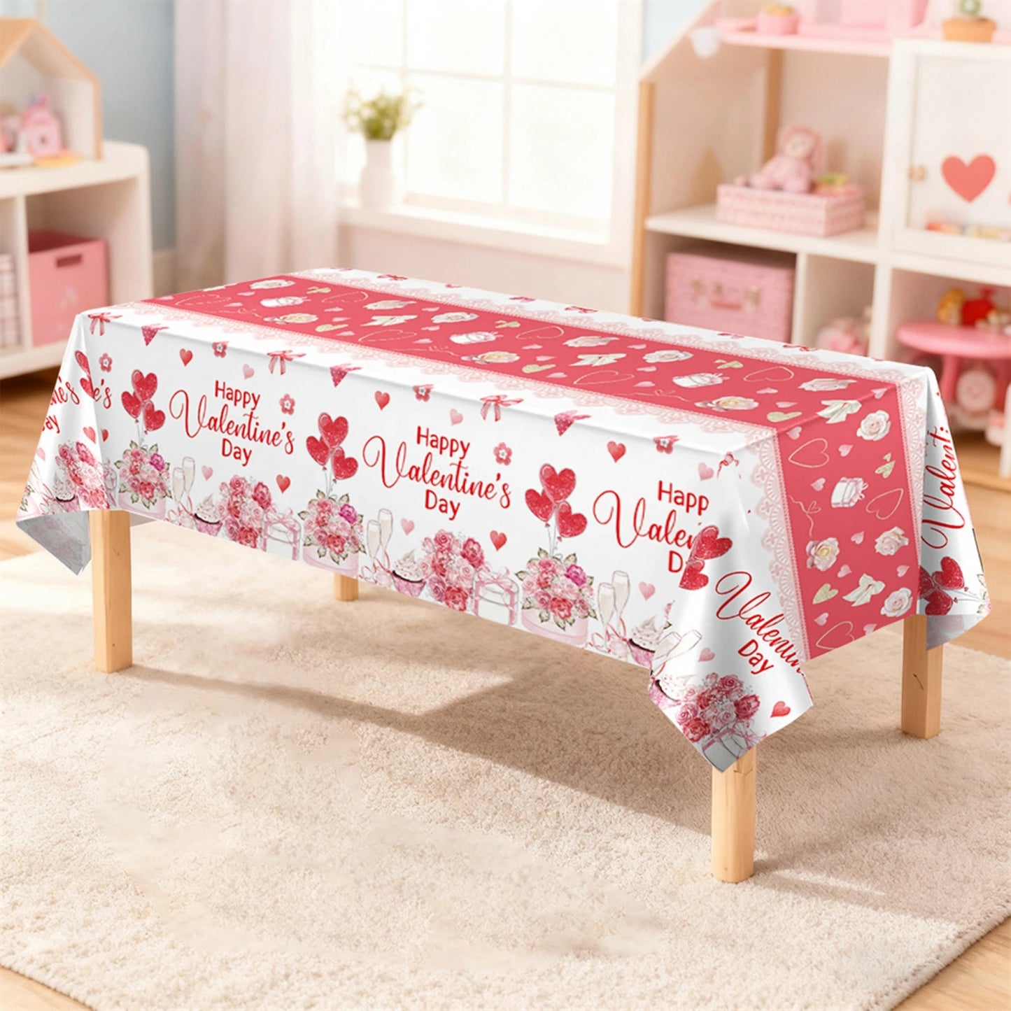 Valentine's Day Decorative Plastic Tablecloth with Romantic Rose and Heart Design for Party