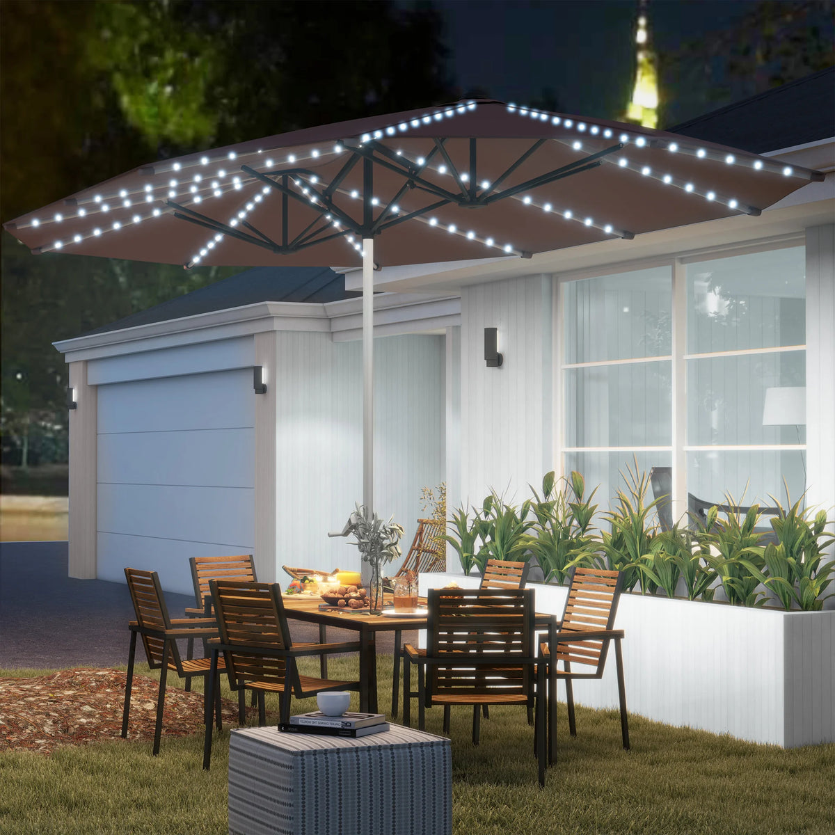 15ft Patio Umbrella with Solar Lights Upf50+ Outdoor Umbrella Tan