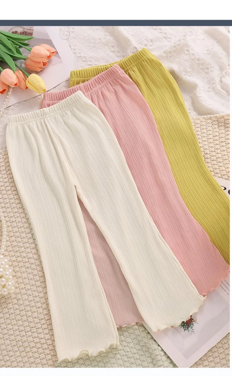 Children Summer Solid Color Thin Ribbed Knit Flared Pants Girls Casual Trousers Korea Fashion Pants Girl Princess Style Capris