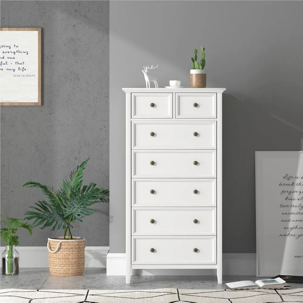 White 7 Drawer Tall Dresser, Tall Solid Wood Large Storage Cabinet, Modern Simple White Tall Chest of Drawer for Bedroom Living